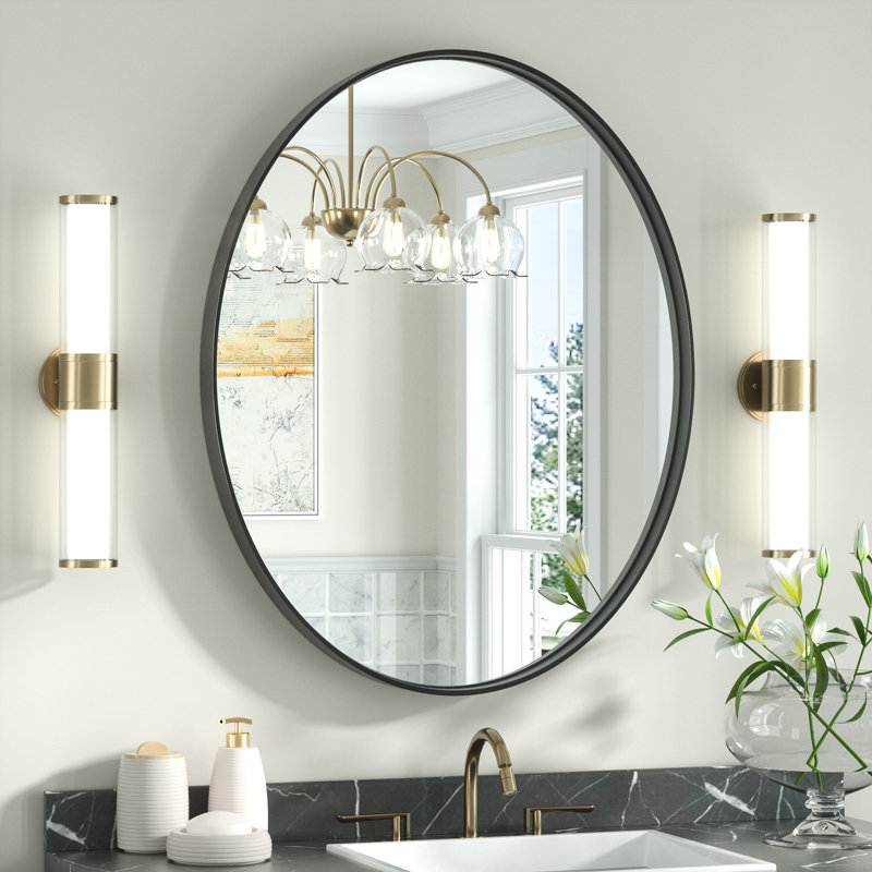 Juriana Metal Shatterproof Modern Flat Oval Vanity Decorative Wall Mirror, 22" H x 30" W x 2" D, Black
