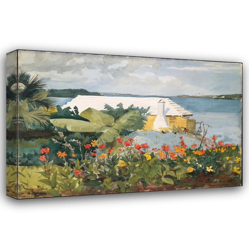 «Flower Garden and Bungalow, Bermuda» par Winslow Homer - Art mural sur toile tendue avec châssis, H 48 po x l 33 po