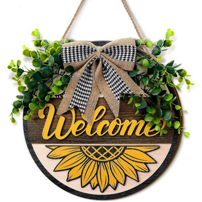 3d Sunflower Door Sign – Spring Summer Welcome Wreath With Buffalo Plaid Bow Farmhouse Decor