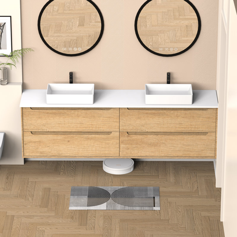 Plateau de meuble-lavabo 84 po en pierre de quartz blanc avec double vasque carrée en céramique
