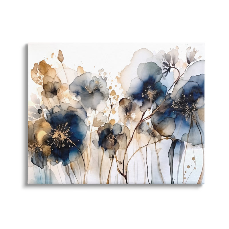 Navy and Gold Abstract Floral Canvas Print with White Frame
