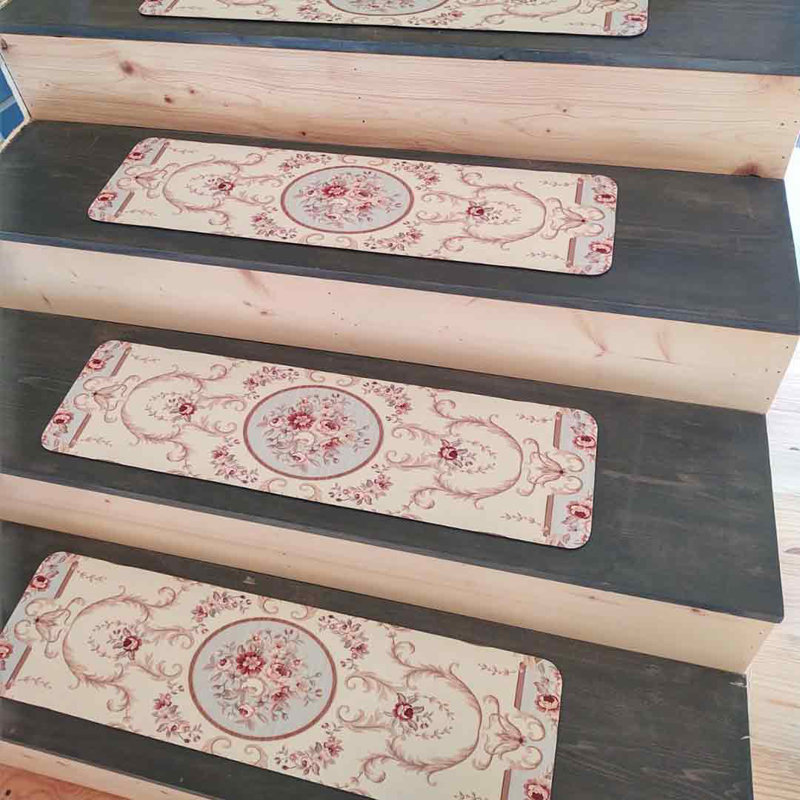 Boho Beige and Blue Rubber Carpet Stair Treads for Wooden Steps