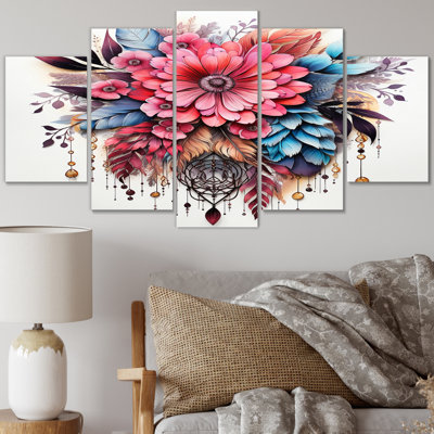 Boho, fleurs et plumes bleues - art mural toile Dream Catcher - 5 panneaux