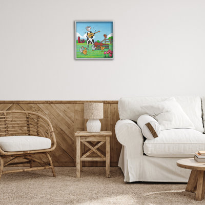 Busking Cow with Audience Framed Giclee, design by Roger Straub