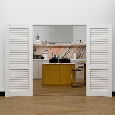 Louvered Interior Double Door Slab – MDF White Doors with Adjustable Double Door Frame & Prehung-Style Hinges (Door & Frame Ship Separately)