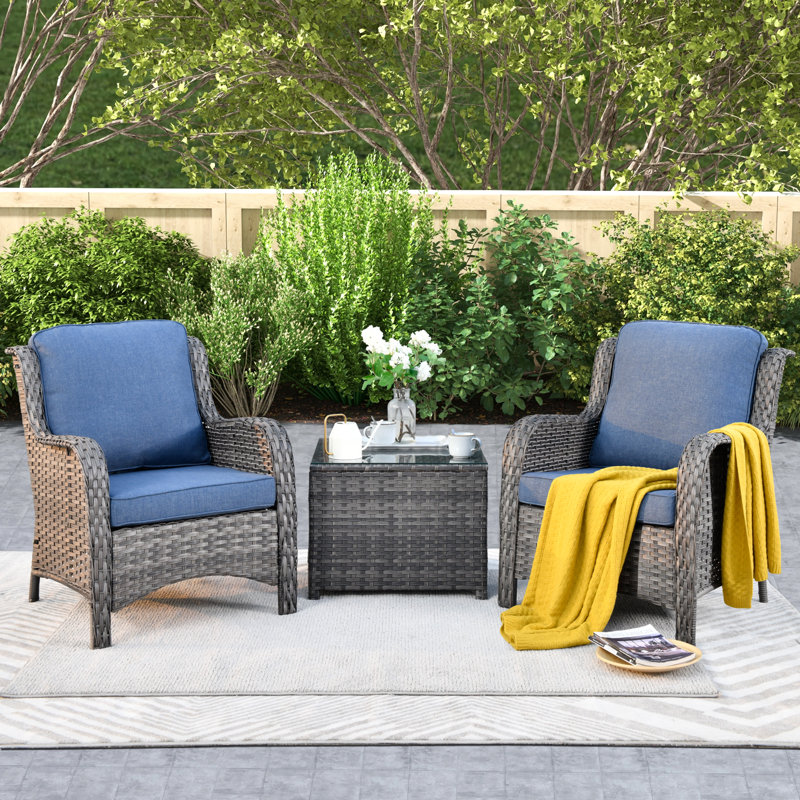 Thala Wicker/Rattan 3 Piece Patio Set with Cushions, Denim Blue, Gray