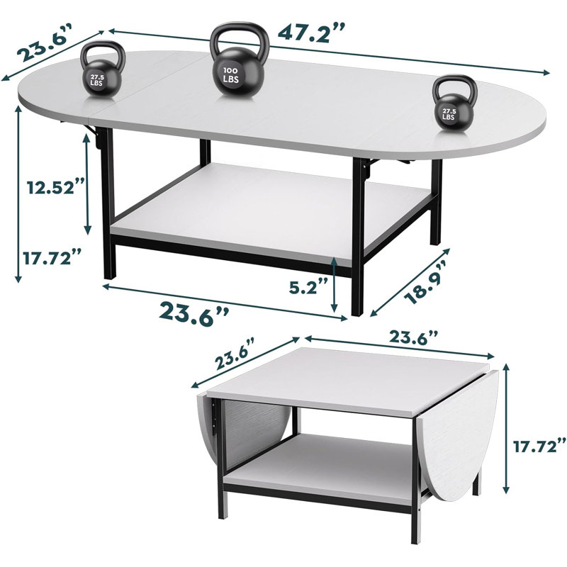 White Modern Extendable Coffee Table with Storage and Foldable Panels