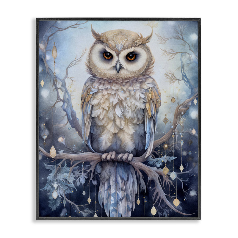 Chouette sur une branche scintillante, impression sur toile, Giclée encadrée noir minuit, H 14 po x l 11 po x P 1,5 po