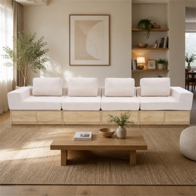 Modular Sofa with Storage Drawers, Multi-Functional L-Shaped Couch with Built-In Cabinet Base and Coffee Table Design, Convertible Combination Sofa Set, Modern Upholstered Sofa