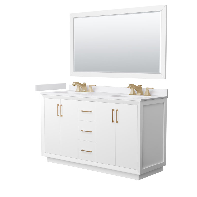 Strada 60" Freestanding Double Bathroom Vanity with Cultured Marble Top, White, Satin Bronze