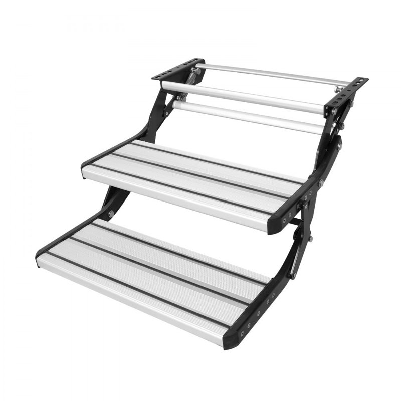 Escalier pour véhicule récréatif, escalier pour véhicule récréatif manuel à 2 marches, pliable, capacité de charge de 440 lb, marches en alliage d'aluminium, plaque d'acier épaissie, marches antidérapantes pour entrer et sortir en toute sécurit