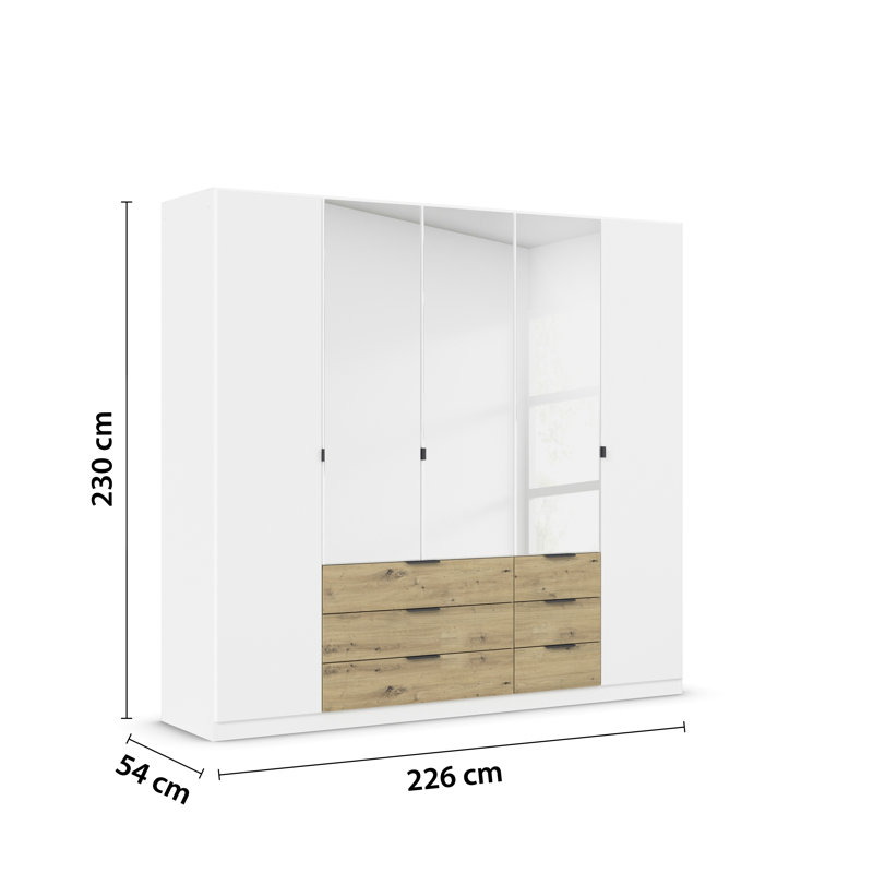 Wardrobe Wardrobe with hinged doors and drawers made in Germany, 229cm H x 226cm W x 54cm D, White/Oak Artisan