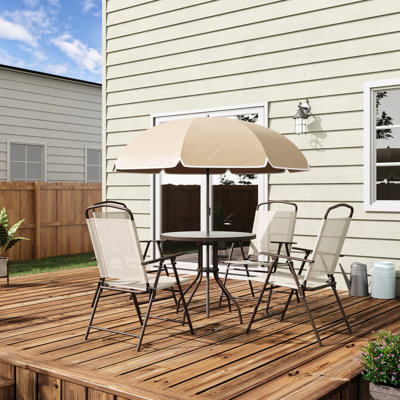 6 Outdoor Dining For 4 - Beige. Umbrella, Tempered Glass Table, Folding Chairs. For Patio, Deck, Garden Beige Patio Table And Chairs With Umbrella. Chairs, Poolside Enjoyment