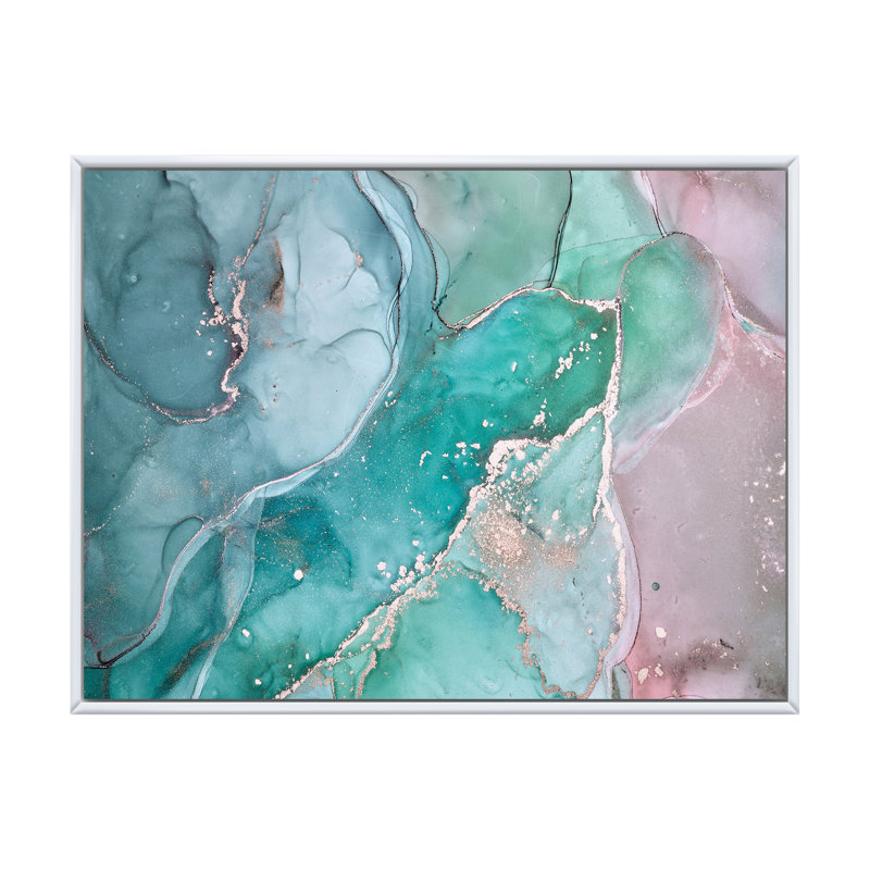 Marbre abstrait turquoise - peinture sur toile, H 12 po x l 20 po, Cadre flottant blanc