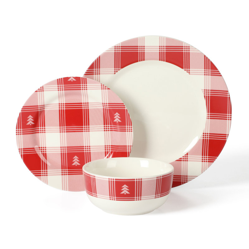 Ensemble de vaisselle en grès rouge et blanc à motif écossais 12 pièces Martha Stewart