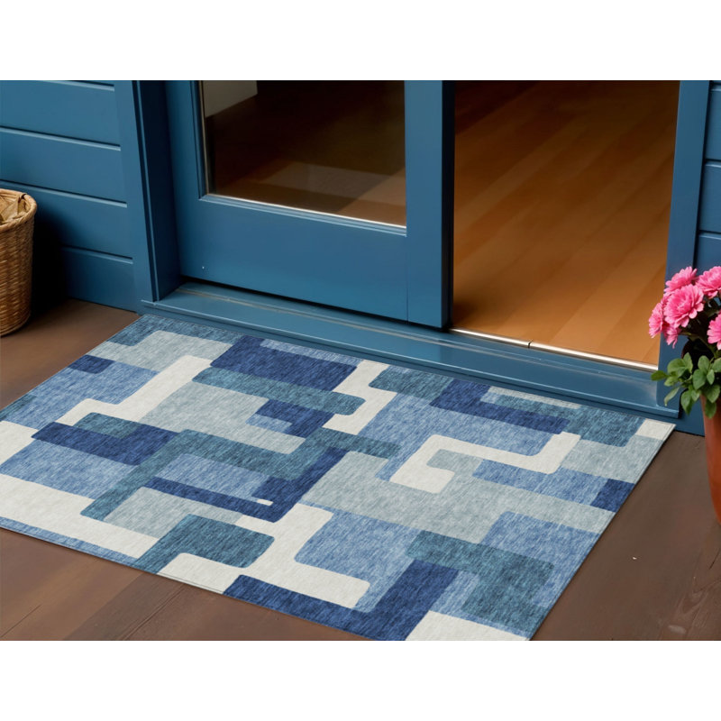 HomeRoots 3' X 5' Navy Blue And Sky Blue Abstract Washable Indoor Outdoor Area Rug