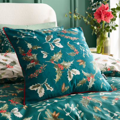 Winter Foliage Piped Recycled Polyester Velour Cus Floral Green Square Cushion