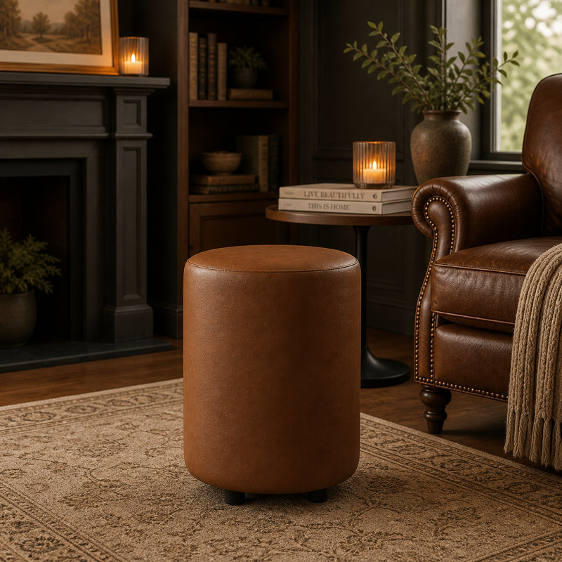 Manufactured Wood Accent Stool, Italian Leather, Rust Brown