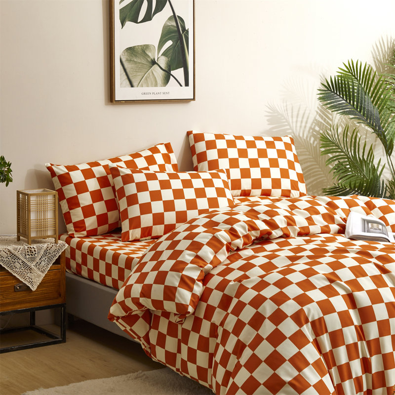 Grid Comforter Set Plaid Bedding Set 1 Checkered Comforter with Pillowcases, Orange/White Grid