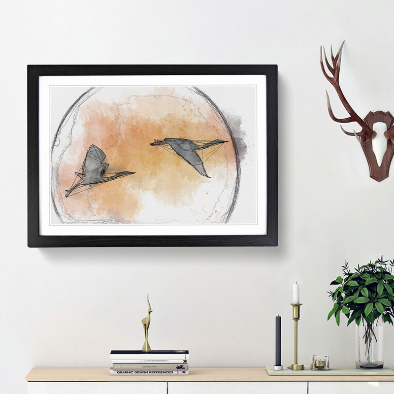 Two Heron Birds in Flight in Abstract - Picture Frame Graphic Art Print, 27cm H x 36cm W x 2cm D, Black Framed