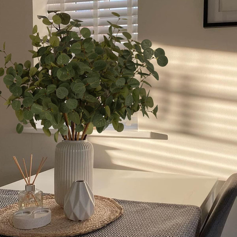 Ensemble de 3 tiges d'eucalyptus artificiel, tiges de verdure réalistes résistantes aux rayons UV de 22,83 po pour la décoration intérieure et extérieure, centre de table de mariage, remplisseurs de vase de table