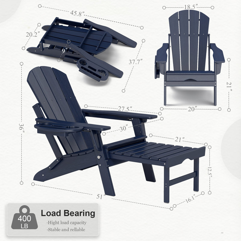 HDPE Folding And Adjustable Adirondack Chair With Ottoman, Navy