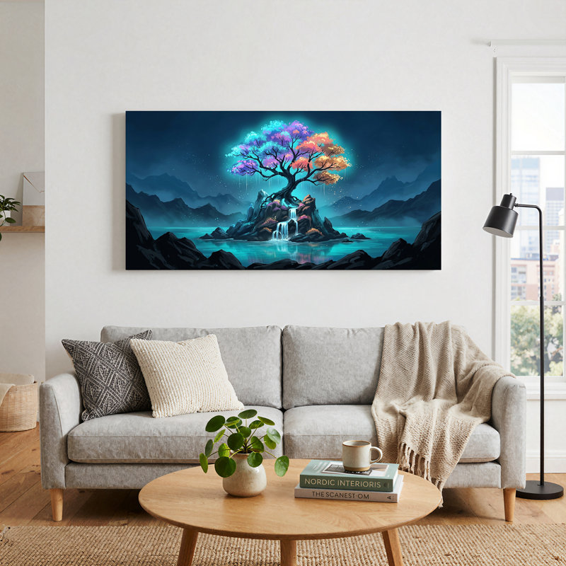 Arbre lumineux coloré sur une île rocheuse avec cascade - Toile murale, 40“W x 20”H