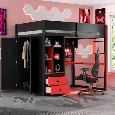 Lit mezzanine double avec bureau, armoire de rangement, bois massif MDF, style moderne