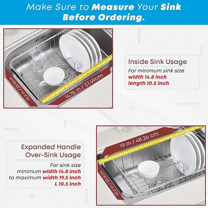 Compact Stainless Steel Over Sink Dish Drying Rack with Utensil Holder