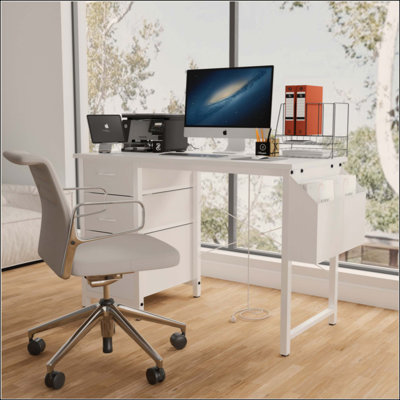 Office Desk With Power Outlet,3 Drawers,Side Pocket, Study Desk Easy To Assemble,Frame Stability Reversible For Home Desk, Company Computer Desk, Game Table,Vanity Table