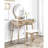 Gold Wood Vanity By - Stylish With Solid Construction And Storage Contemporary Stool , Features Round Mirror-1571547871