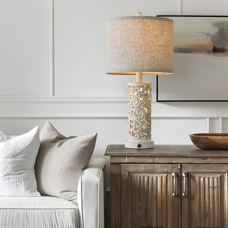 Vintage White Carved Base Table Lamp Set with Linen Shade