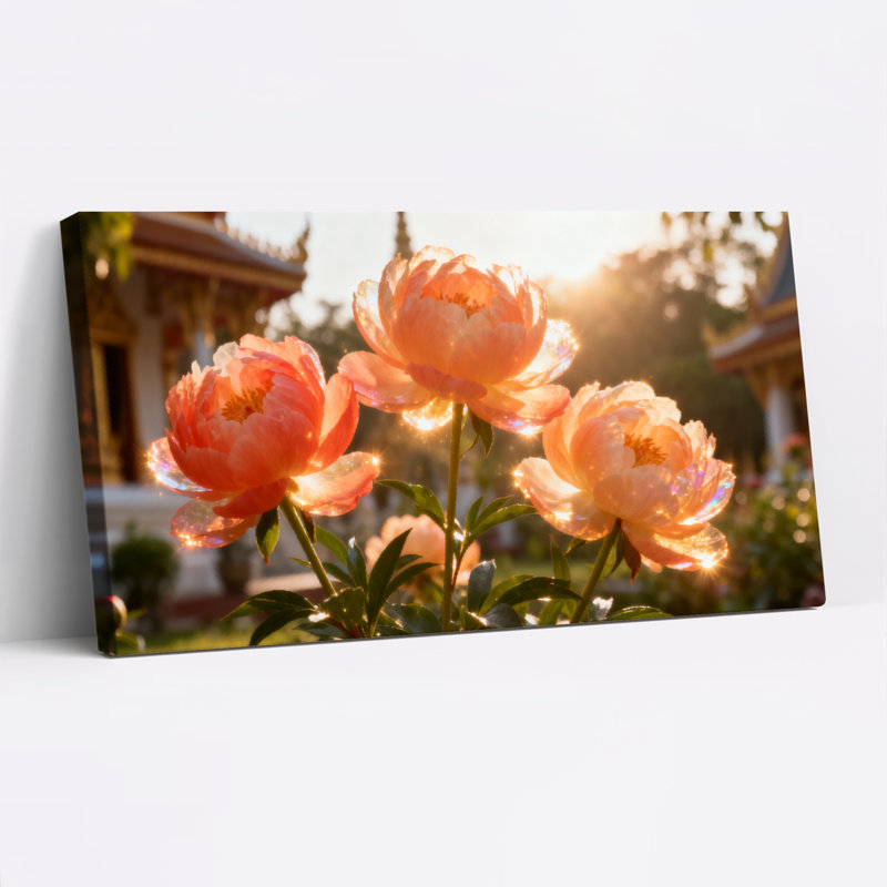 Ensemble de 1 tableau sur toile tendue représentant des pivoines au coucher du soleil dans un jardin, H 24 po x l 48 po