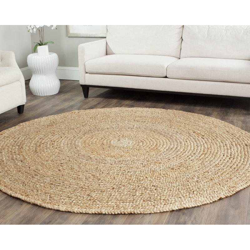 Tapis de couleur unie en jute tissé à la main en fibre naturelle Borrero, Rond 5 pi