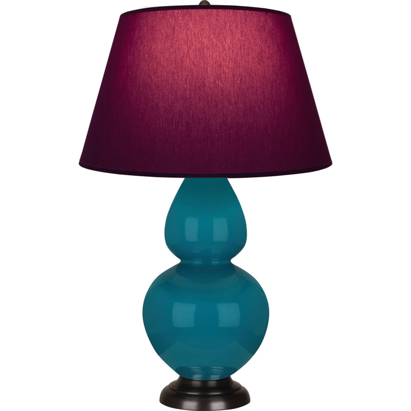 Lampe de table double gourde en céramique, Paon glacé / bronze, Prune / lavande, Bronze