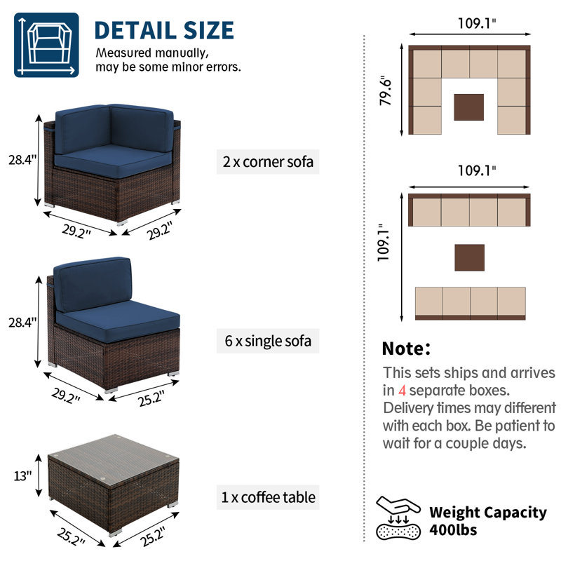 Keolani Wicker 8 - Person Modular Patio Conversation Set with Cushions, Navy Blue