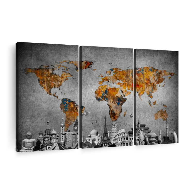 Ensemble de 3 pièces de carte du monde colorées I sur toile, H 32 po x l 50 po x P 1,25 po