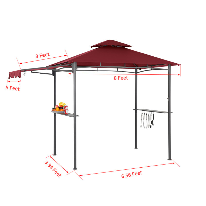 11Ft. W x 5 Ft. D Soft Top Grill Gazebo with a Side Collapsible Awning, Red