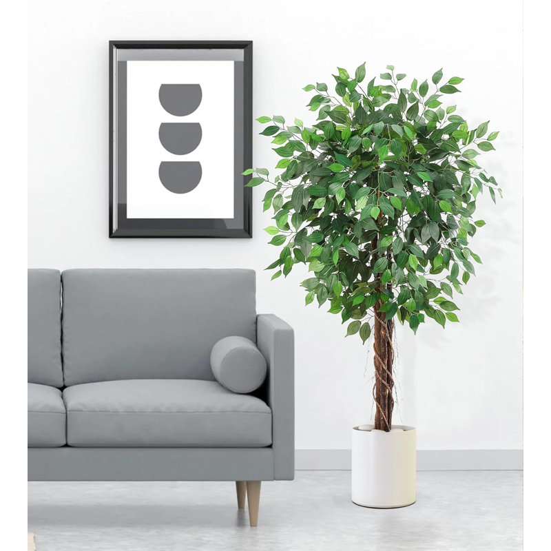 Ensemble de 2 arbres ficus artificiels de 6 pi - 1008 feuilles vertes luxuriantes, troncs doubles, fausses banianes réalistes en pots noirs