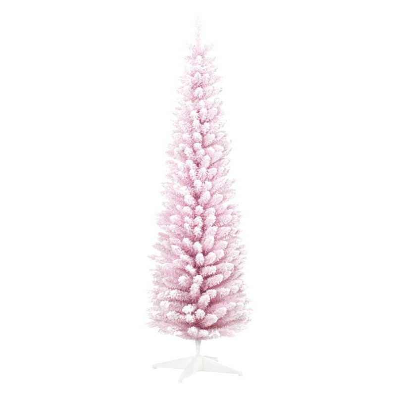 HOMCOM 7' Pink Snow-Flocked Artificial Pencil Christmas Tree with Stand