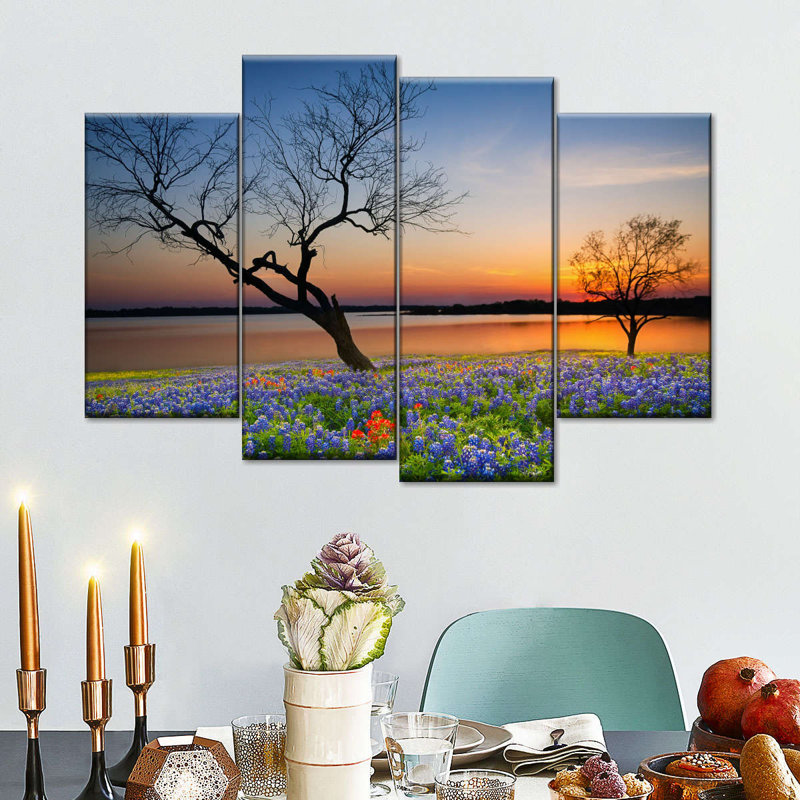 Trees Texas, coucher de soleil sur toile, ensemble de 4 pièces, H 22 po x l 36 po x P 1 po