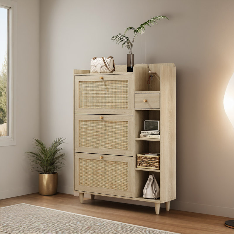 Shoe Organizer with Mulit Storage Space and Hooks for Hallway, Natural Wood