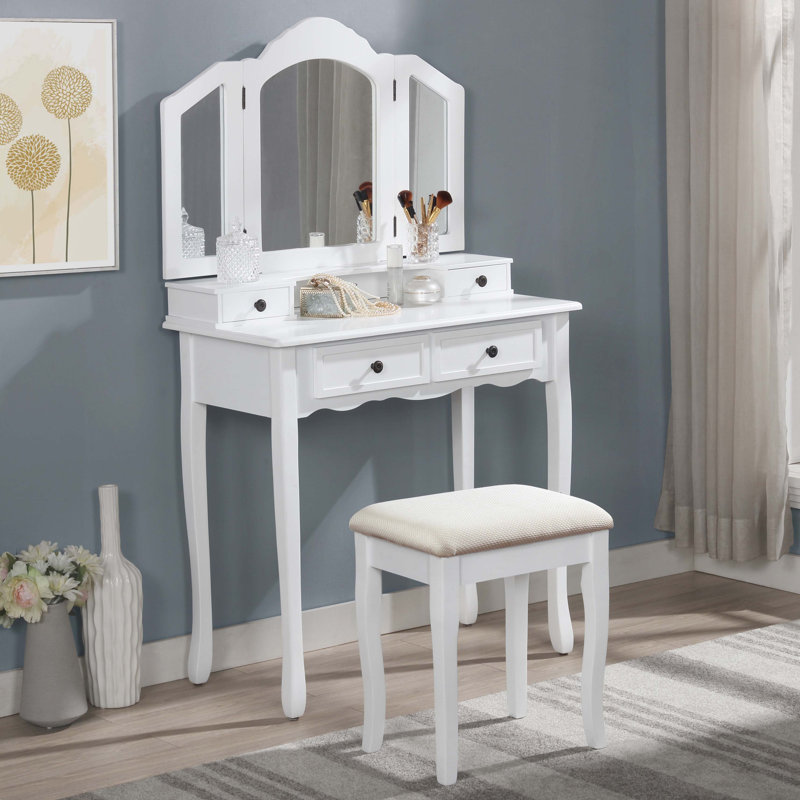 Ensemble coiffeuse et tabouret en bois Sanlo, Blanc