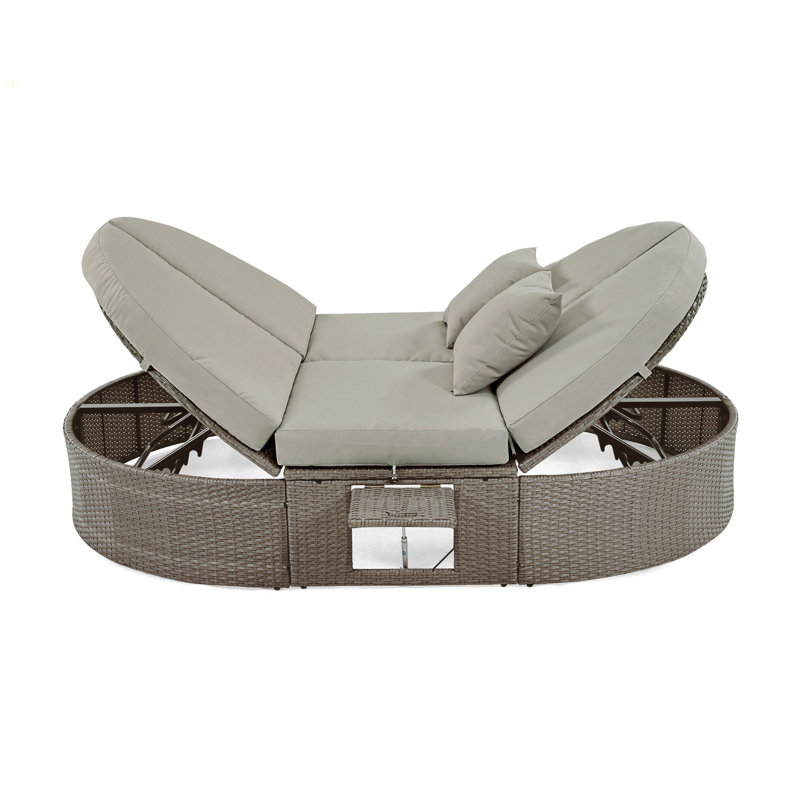 Outdoor Sun Bed Patio 2-Person Daybed With Cushions And Pillows, Rattan Garden Reclining Chaise Lounge With Adjustable Backrests And Foldable Cup Trays For Lawn,Poolside, Gray