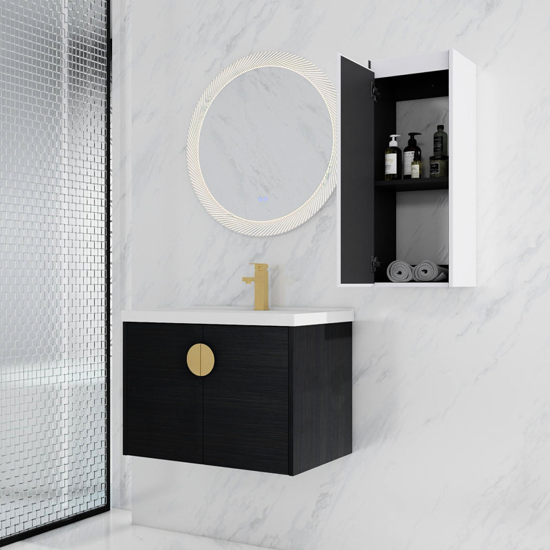 Meuble-lavabo 28 po avec lavabo en céramique et armoire d'appoint 28 po - Châtaignier noir, appareil de rangement moderne