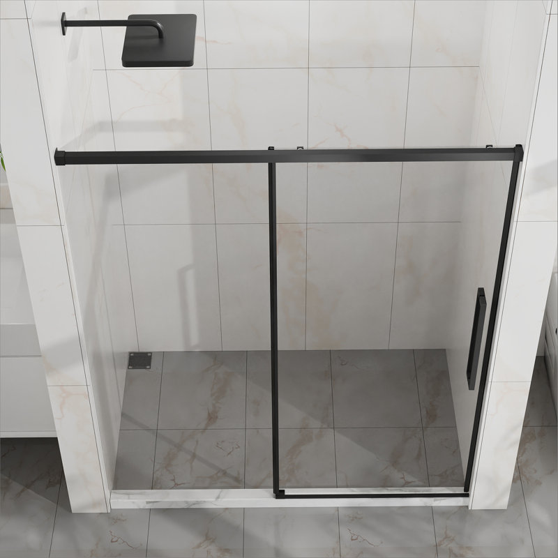 60" W x 72" H Sliding Shower Door, Semi-Frameless Glass Shower Door, 1/4" (6mm) Thick Tempered Clear Glass with Easy-clean Coating, Stainless Steel Hardware, Matte Black
