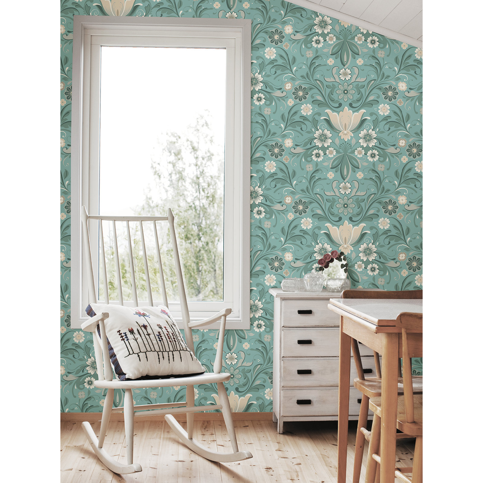 Toddy Floral Wallpaper, Turquoise