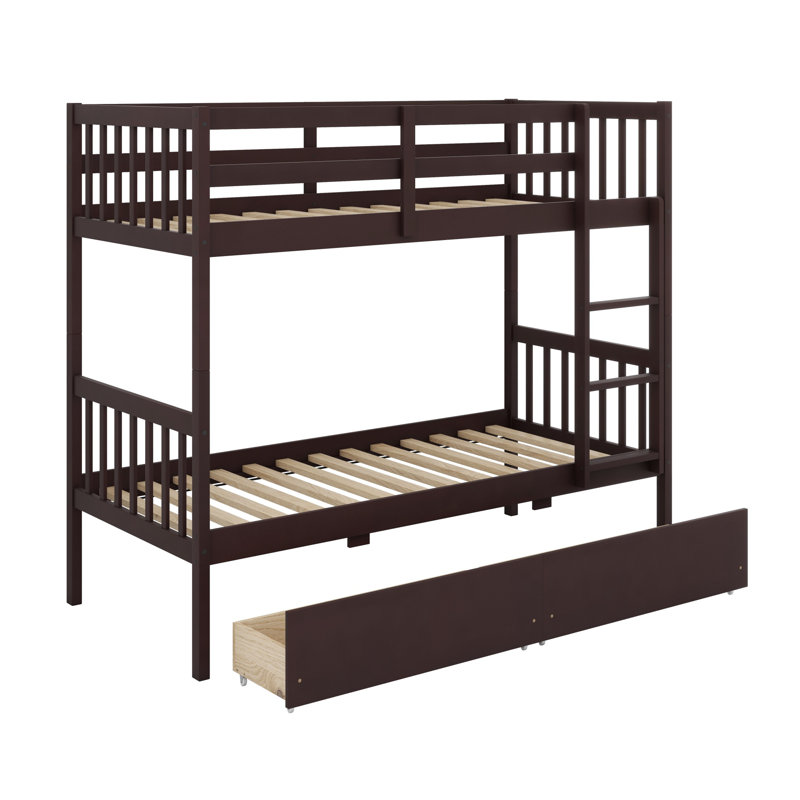 Lit superposé en bois avec 2 tiroirs, avec échelle et garde-corps, convertible en 2 lits, Espresso