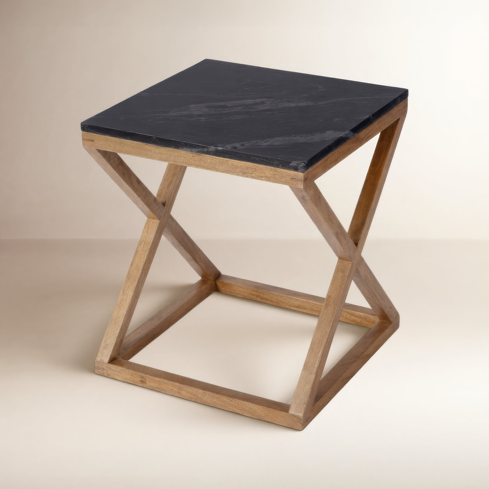 Lewis 18" Genuine Marble End Table, Black/Walnut