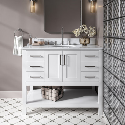 Meuble-lavabo simple 43 po Alemanno en blanc avec plateau en marbre de Carrare italien de 0,75 po